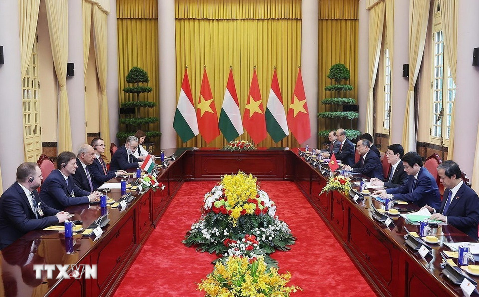 Chủ tịch nước Lương Cường và Tổng thống Hungary Sulyok Tamas hội đàm. (Ảnh: Lâm Khánh/TTXVN)