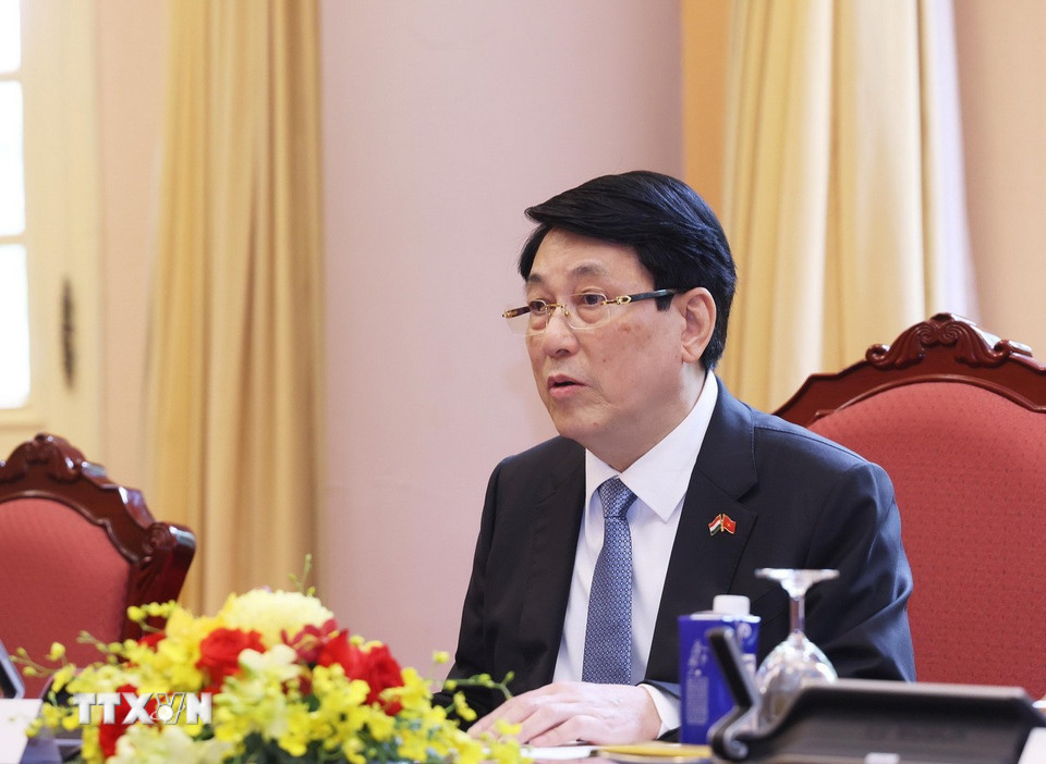 Chủ tịch nước Lương Cường phát biểu tại hội đàm. (Ảnh: Lâm Khánh/TTXVN)