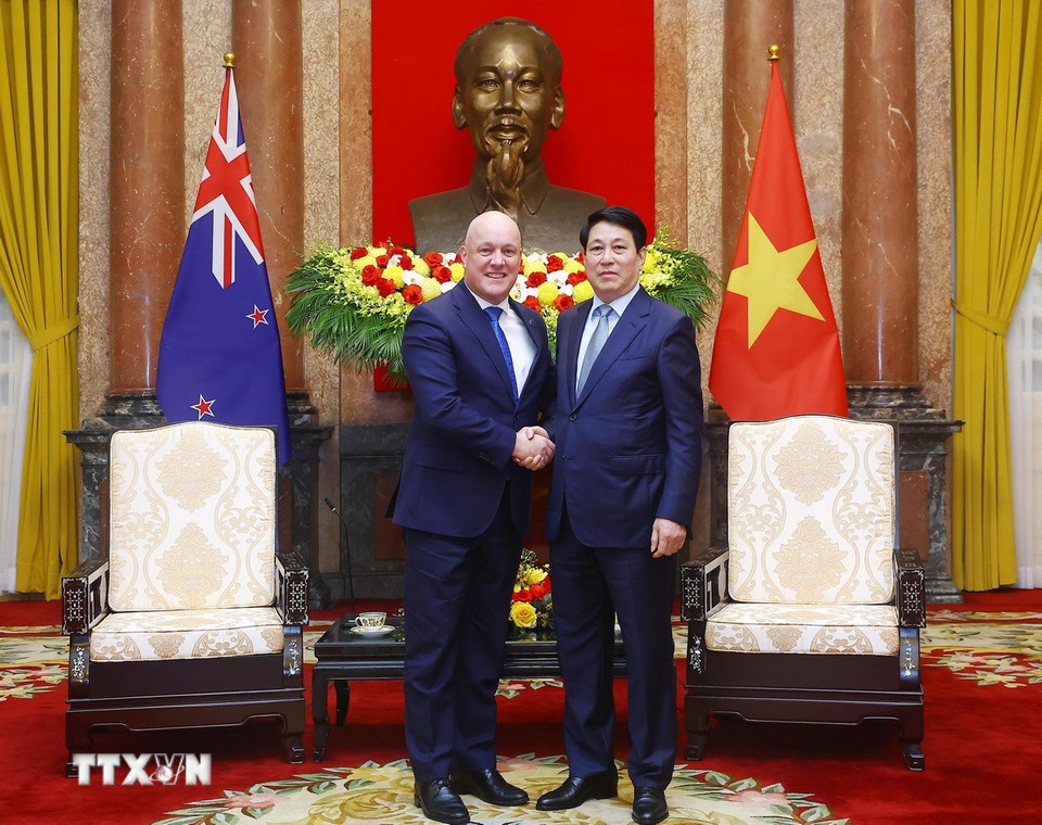 Chủ tịch nước Lương Cường tiếp Thủ tướng New Zealand Christopher Luxon. (Ảnh: Lâm Khánh/TTXVN)