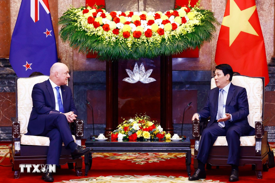 Chủ tịch nước Lương Cường tiếp Thủ tướng New Zealand Christopher Luxon. (Ảnh: Lâm Khánh/TTXVN)