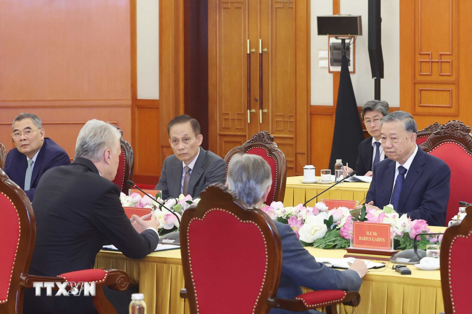 Tổng Bí thư Tô Lâm hội kiến Tổng thống Cộng hòa Litva Gitanas Nauseda. (Ảnh: Thống Nhất/TTXVN)
