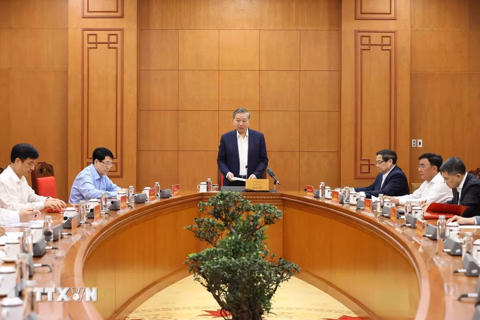 Tổng Bí thư Tô Lâm, Trưởng Tiểu ban Nhân sự Đại hội XIV của Đảng phát biểu. (Ảnh: An Đăng/TTXVN)