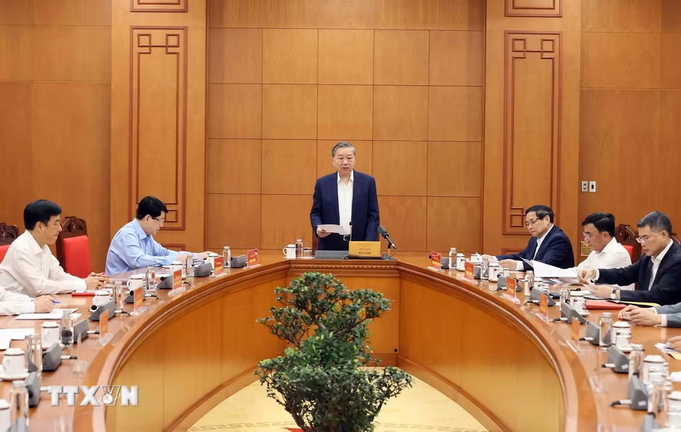 Tổng Bí thư Tô Lâm, Trưởng Tiểu ban Nhân sự Đại hội XIV của Đảng phát biểu. (Ảnh: An Đăng/TTXVN)