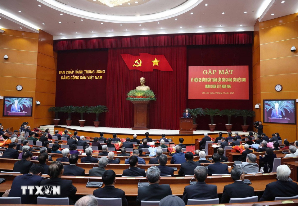 Tổng Bí thư Tô Lâm phát biểu tại buổi gặp mặt. (Ảnh: Thống Nhất/TTXVN)