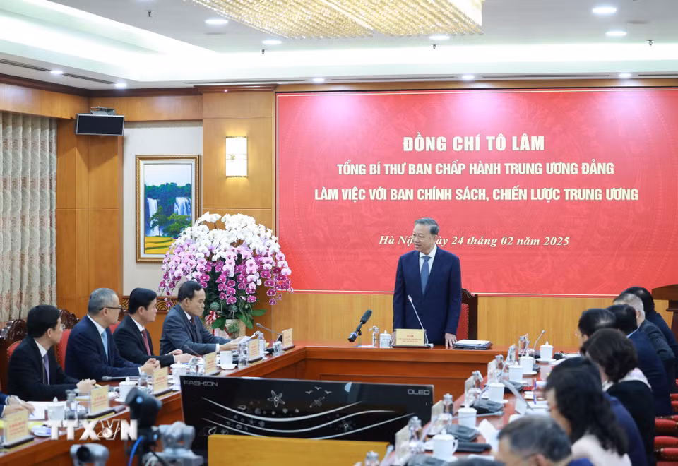 Tổng Bí thư Tô Lâm phát biểu chỉ đạo tại buổi làm việc. (Ảnh: Thống Nhất/TTXVN)