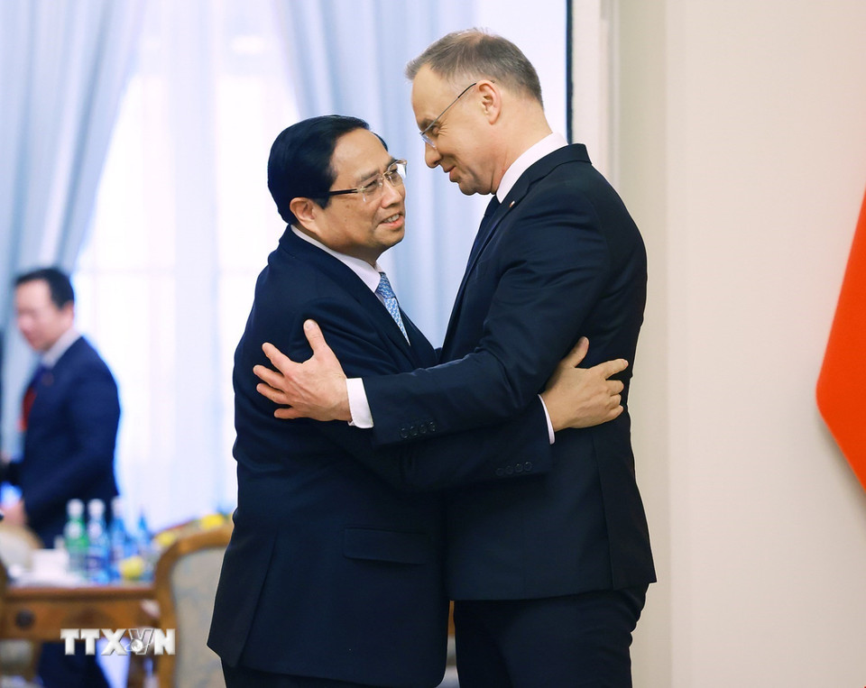 Thủ tướng Phạm Minh Chính hội kiến Tổng thống Ba Lan Andrzej Duda. (Ảnh: Dương Giang/TTXVN)
