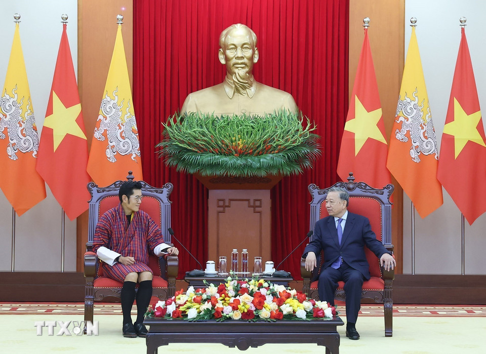 Tổng Bí thư Tô Lâm tiếp Quốc vương Bhutan Jigme Khesar Namgyel Wangchuck. (Ảnh: Thống Nhất/TTXVN)