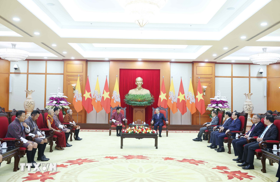 Tổng Bí thư Tô Lâm tiếp Quốc vương Bhutan Jigme Khesar Namgyel Wangchuck. (Ảnh: Thống Nhất/TTXVN)