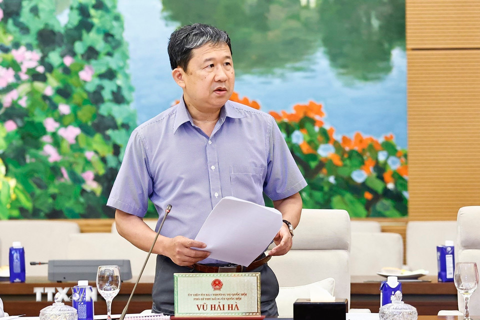 Đồng chí Vũ Hải Hà, Ủy viên Trung ương Đảng, Phó Bí thư Đảng uỷ Quốc hội trình bày tóm tắt Dự thảo Báo cáo chính trị Đại hội đại biểu Đảng bộ Quốc hội nhiệm kỳ 2025-2030. (Ảnh: Doãn Tấn/TTXVN)