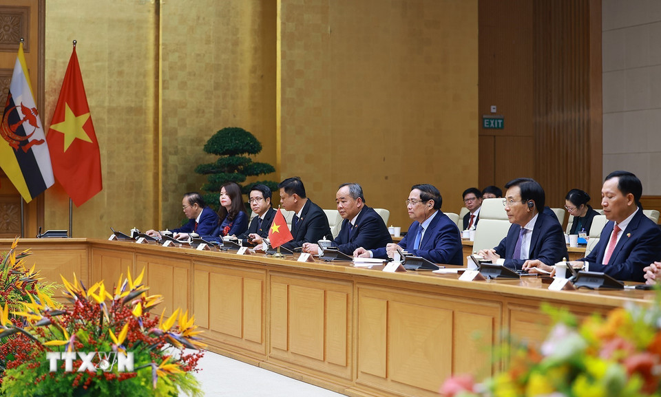 Thủ tướng Phạm Minh Chính phát biểu tại cuộc hội kiến Quốc vương Brunei Darussalam Haji Hassanal Bolkiah. (Ảnh: Dương Giang/TTXVN)