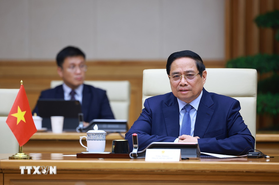 Thủ tướng Phạm Minh Chính phát biểu tại cuộc hội kiến Quốc vương Brunei Darussalam Haji Hassanal Bolkiah. (Ảnh: Dương Giang/TTXVN)