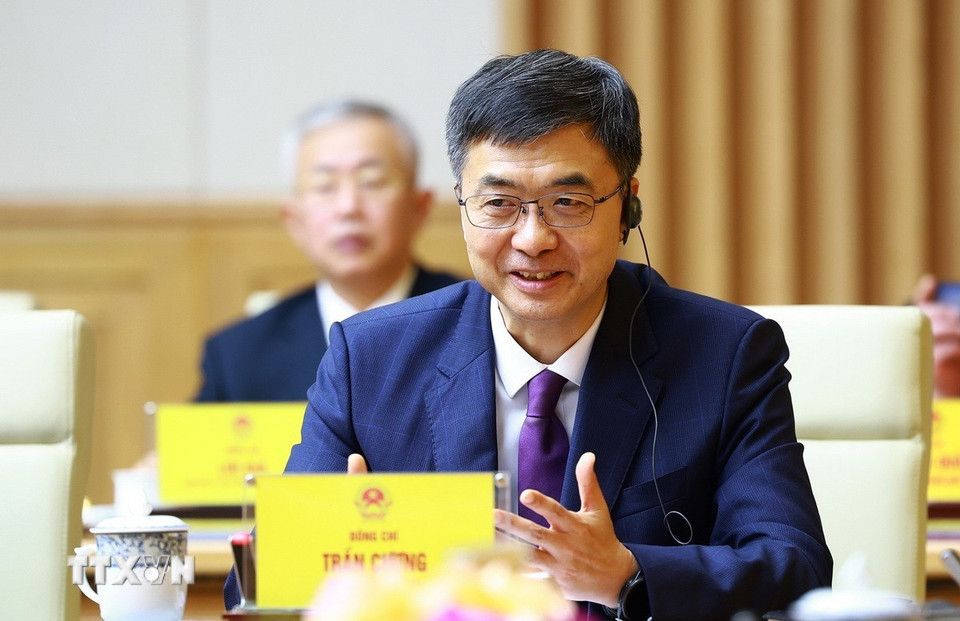 Đồng chí Trần Cương, Bí thư Khu ủy Quảng Tây (Trung Quốc) phát biểu. (Ảnh: Dương Giang/TTXVN)