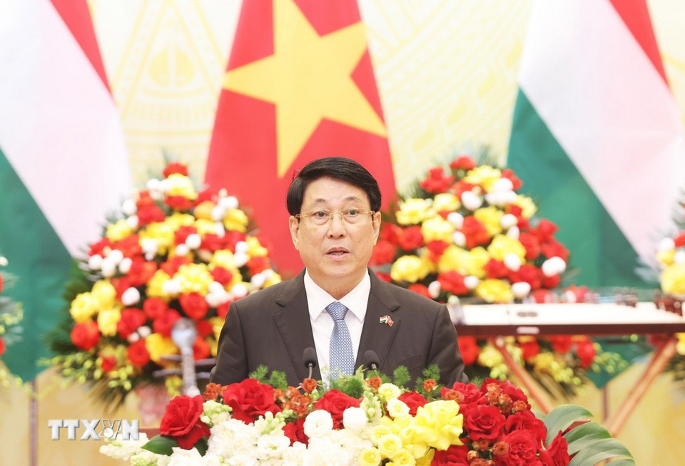 Chủ tịch nước Lương Cường phát biểu tại tiệc chiêu đãi. (Ảnh: Lâm Khánh/TTXVN)