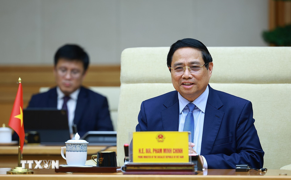 Thủ tướng Phạm Minh Chính phát biểu tại cuộc hội kiến Chủ tịch Quốc hội New Zealand Gerry Brownlee. (Ảnh: Dương Giang/TTXVN)