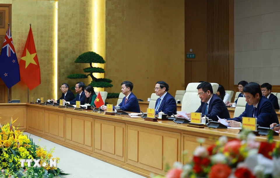 Thủ tướng Phạm Minh Chính phát biểu tại cuộc hội kiến Chủ tịch Quốc hội New Zealand Gerry Brownlee. (Ảnh: Dương Giang/TTXVN)