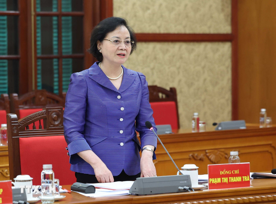 Đồng chí Phạm Thị Thanh Trà Ủy viên Trung ương Đảng, Phó Trưởng Ban Tổ chức Trung ương, Bộ trưởng Bộ Nội vụ phát biểu. (Ảnh: Thống Nhất/TTXVN)