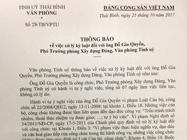 Kỷ luật buộc thôi việc Phó trưởng phòng Văn phòng Tỉnh ủy Thái Bình ảnh 1