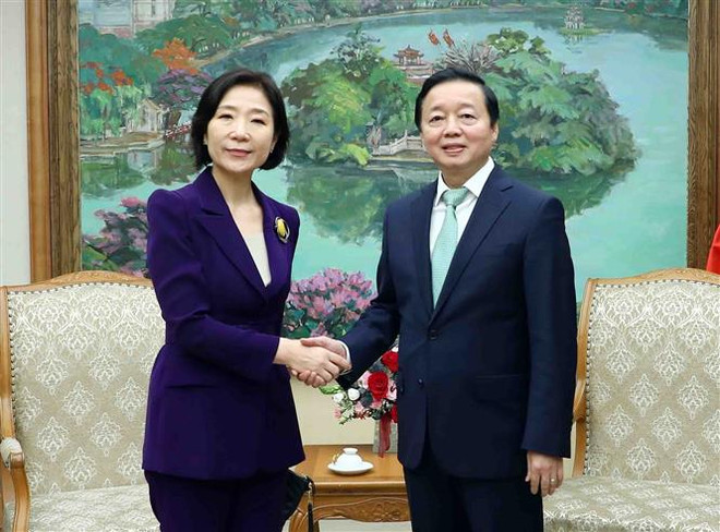 Phó Thủ tướng Trần Hồng Hà tiếp bà Oh Young-ju, Đại sứ Hàn Quốc tại Việt Nam. (Ảnh: Phạm Kiên/TTXVN) Việt Nam-Hàn Quốc chia sẻ những lợi ích chiến lược chung ảnh 1