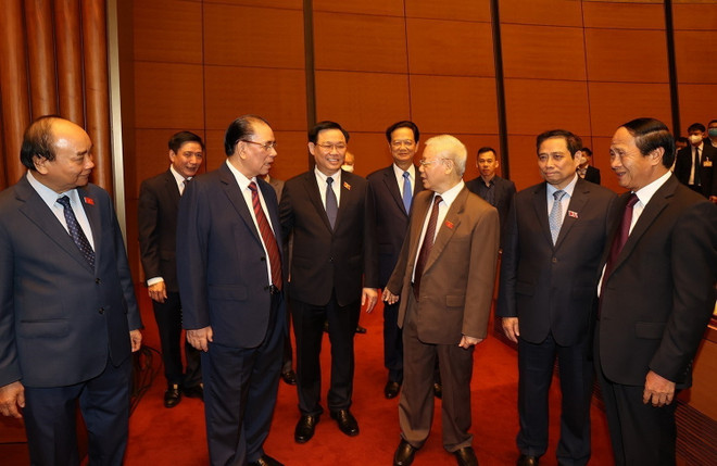 Tổng Bí thư Nguyễn Phú Trọng, Thủ tướng Chính phủ Phạm Minh Chính, Chủ tịch Quốc hội Vương Đình Huệ cùng các vị lãnh đạo, nguyên lãnh đạo Đảng, Nhà nước dự phiên khai mạc Kỳ họp thứ ba, Quốc hội khóa XV. (Ảnh: Trí Dũng/TTXVN) Hình ảnh Tổng Bí thư dự Lễ khai mạc Kỳ họp thứ 3, Quốc hội khóa XV ảnh 5