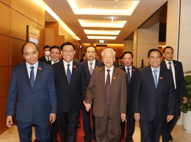 (Ảnh: Trí Dũng/TTXVN) Hình ảnh Tổng Bí thư dự Lễ khai mạc Kỳ họp thứ 3, Quốc hội khóa XV ảnh 3