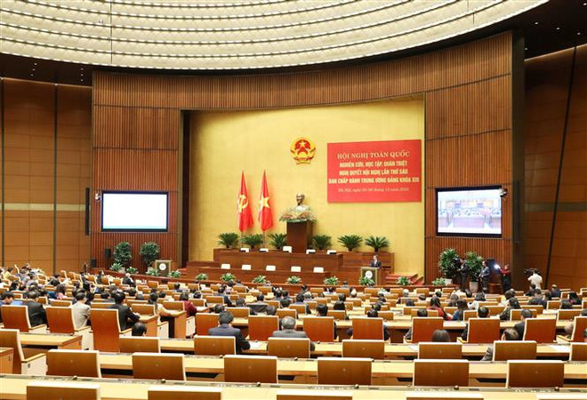 Quang cảnh hội nghị. (Ảnh: Phương Hoa/TTXVN) Xây dựng lộ trình thực hiện các Nghị quyết Trung ương 6 khóa XIII ảnh 1
