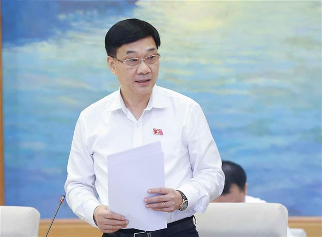 Chủ nhiệm Ủy ban Kinh tế của Quốc hội Vũ Hồng Thanh trình bày báo cáo thẩm tra. (Ảnh: Doãn Tấn/TTXVN) Đánh giá tính khả thi của mục tiêu tăng trưởng GDP năm 2024 ảnh 3