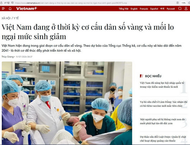 Một bài viết tuyên truyền về công tác dân số đăng trên Báo Điện tử VietnamPlus của Thông tấn xã Việt Nam. (Ảnh chụp màn hình) vnp_truyen thong ve dan so.JPG