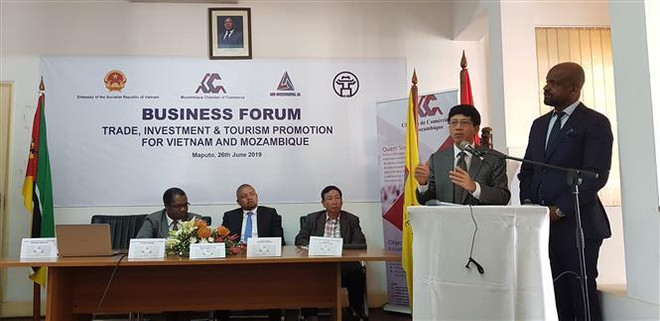 Đại sứ Lê Huy Hoàng và Đại diện Bộ Công Thương Mozambique giải đáp về chính sách đầu tư, thương mại hai bên. (Ảnh: Đình Lượng/TTXVN) Việt Nam-Mozambique xúc tiến hợp tác đầu tư, thương mại và du lịch ảnh 1