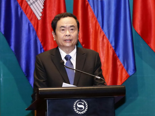 Chủ tịch Ủy ban Trung ương Mặt trận Tổ quốc Việt Nam Trần Thanh Mẫn phát biểu. (Ảnh: Văn Điệp/TTXVN) Hội nghị Chủ tịch Mặt trận ba nước Campuchia-Lào-Việt Nam lần thứ 3 ảnh 2