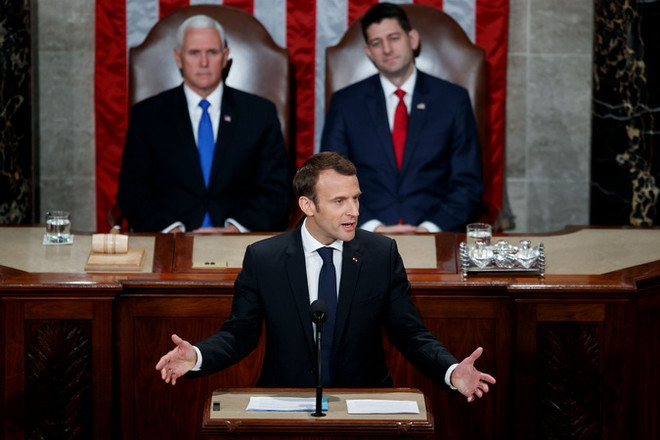 Tổng thống Pháp Emmanuel Macron. (Ảnh: THX/TTXVN) Tổng thống Pháp Emmanuel Macron phát biểu trước Quốc hội Mỹ ảnh 1