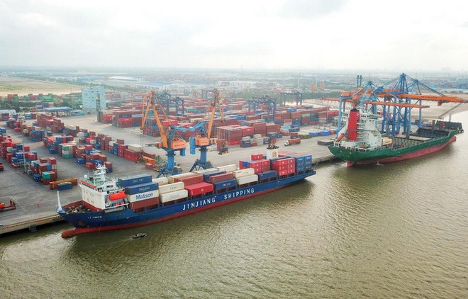 Xếp dỡ hàng hóa container tại một cảng biển Việt Nam. (Ảnh: CTV/Vietnam+) Tăng cường sức mạnh phát triển logistics vùng Đông Nam Bộ ảnh 1