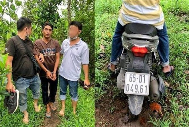 Đối tượng Nguyễn Bá Minh khi bị bắt cùng phương tiện dùng để bỏ trốn. (Ảnh: TTXVN phát) Cần Thơ: Thợ sơn đâm chủ nhà và người giúp việc trọng thương ảnh 1