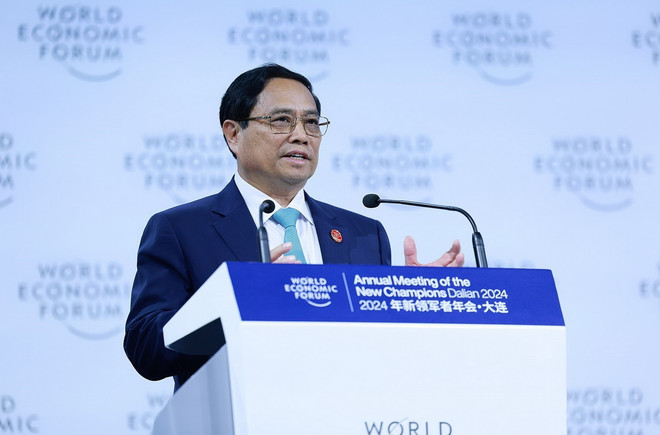 Thủ tướng Phạm Minh Chính phát biểu tại Phiên toàn thể Hội nghị thường niên các nhà tiên phong lần thứ 15 của WEF. (Ảnh: Dương Giang/TTXVN) ttxvn_2606_pham minh chinh.jpg