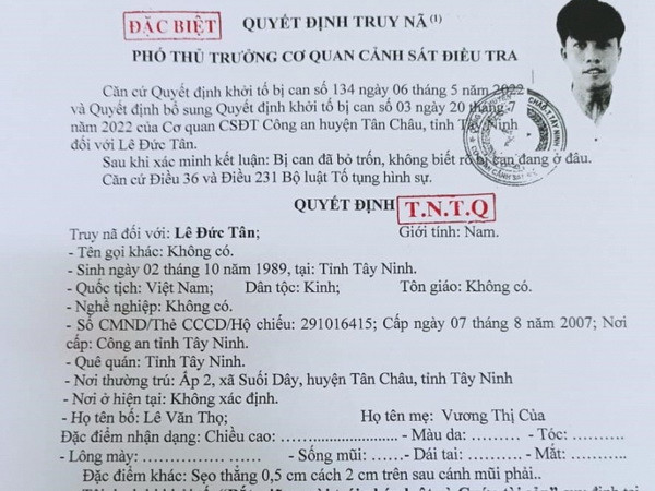 Tây Ninh: Truy nã toàn quốc kẻ bắt người trái pháp luật, cướp tài sản ảnh 1