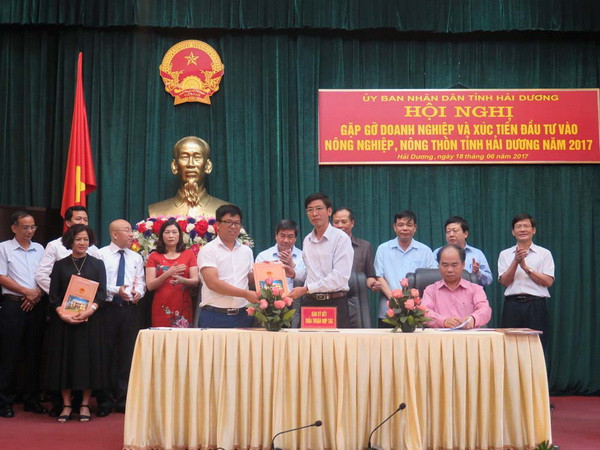 Lễ ký kết thỏa thuận nguyên tắc sản xuất nông nghiệp công nghệ cao và sản xuất theo chuỗi giữa các cơ quan nhà nước với các cá nhân, tổ chức, doanh nghiệp. (Ảnh: Mạnh Minh/TTXVN) Hải Dương: "Thu hút đầu tư theo tinh thần tất cả vì nông nghiệp" ảnh 1