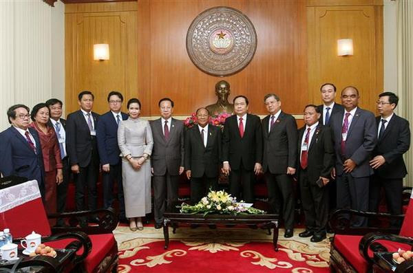 Chủ tịch Ủy ban Trung ương Mặt trận Tổ quốc Việt Nam Trần Thanh Mẫn tiếp Chủ tịch Quốc hội Campuchia Samdech Heng Samrin. (Ảnh: Nguyễn Dân/TTXVN) Củng cố quan hệ hữu nghị, láng giềng tốt đẹp giữa Việt Nam-Campuchia ảnh 2
