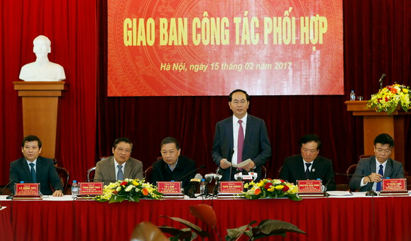 Chủ tịch nước Trần Đại Quang, Trưởng Ban Chỉ đạo Cải cách Tư pháp Trung ương dự và phát biểu chỉ đạo. (Ảnh: Nhan Sáng/TTXVN) Chủ tịch nước: Tập trung hoàn thiện chính sách xử lý các loại tội phạm ảnh 1