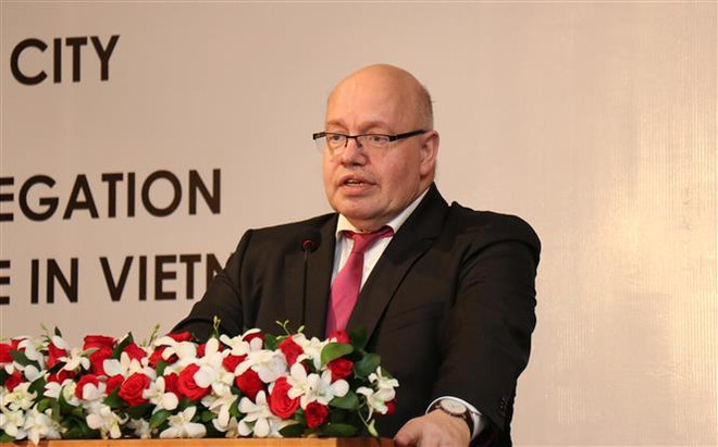 Thay mặt Chính phủ Đức, ông Peter Altmaier, Bộ trưởng Kinh tế và Năng lượng Đức phát biểu tại buổi lễ. (Ảnh: Xuân Khu/TTXVN) Khánh thành Ngôi nhà Đức - Biểu tượng của quan hệ Việt-Đức ảnh 2