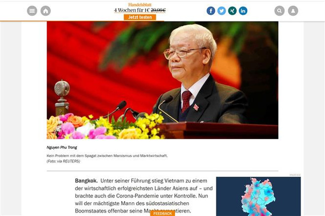 Báo Handelsblatt (Thương mại) đăng bài viết ca ngợi thành tích chống dịch COVID-19 và phát triển kinh tế của Việt Nam. (Ảnh: Mạnh Hùng/TTXVN) Truyền thông Đức nêu bật triển vọng phát triển kinh tế của Việt Nam ảnh 1