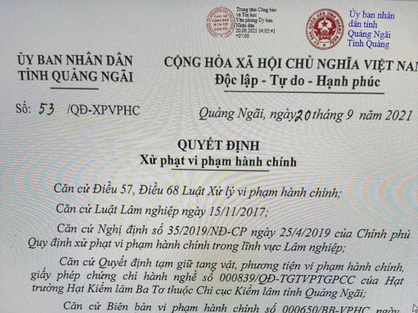 Quyết định số 53 của Ủy ban Nhân dân tỉnh Quảng Ngãi. (Ảnh chụp màn hình) Quảng Ngãi: Phạt hơn 112 triệu đồng vì mua bán vận chuyển lâm sản ảnh 1