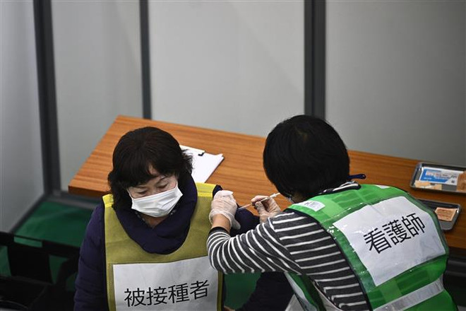 Nhân viên y tế diễn tập tiêm vắcxin phòng COVID-19 tại Kawasaki, Nhật Bản. (Ảnh: AFP/TTXVN) Nhật Bản: Chưa xác định liên quan giữa vắcxin và trường hợp tử vong ảnh 1