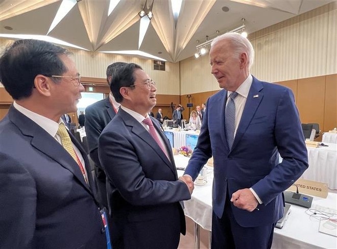 Thủ tướng Phạm Minh Chính gặp Tổng thống Hoa Kỳ Joe Biden. (Ảnh: TTXVN) Thủ tướng Phạm Minh Chính gặp Tổng thống Hoa Kỳ Joe Biden ảnh 1
