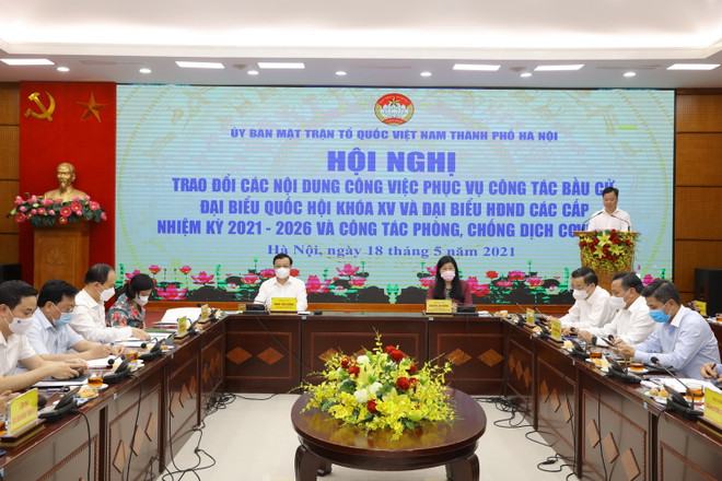 Quang cảnh hội nghị. (Ảnh: Văn Điệp/TTXVN) Hà Nội bảo đảm phòng, chống dịch và thực hiện thắng lợi cuộc bầu cử ảnh 1