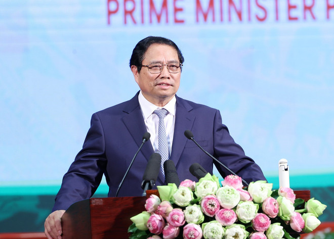 Thủ tướng Phạm Minh Chính phát biểu tại Hội nghị công bố Quy hoạch tỉnh Vĩnh Long. (Ảnh: Dương Giang/TTXVN) ttxvn_2303_thu tuong vinh long (3).jpg