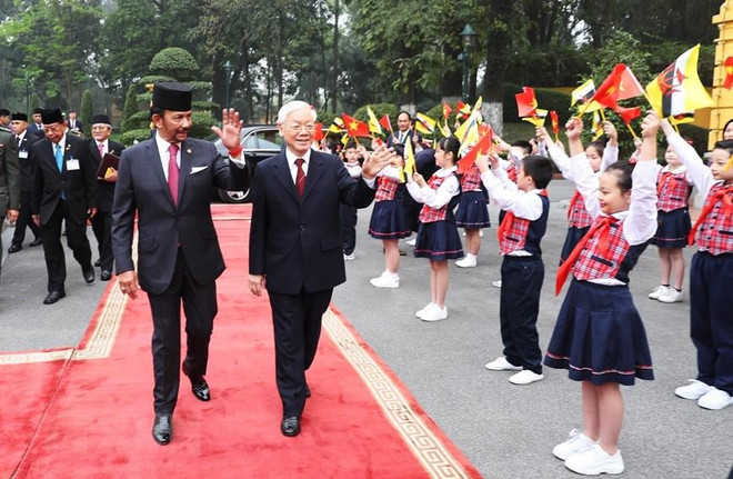 Tổng Bí thư, Chủ tịch nước Nguyễn Phú Trọng đón Quốc vương Brunei Hassanal Bolkiah. (Ảnh: Trí Dũng/TTXVN) Tuyên bố chung về thiết lập quan hệ Đối tác toàn diện Việt Nam-Brunei ảnh 1