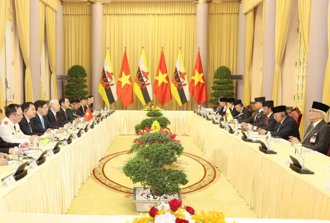 Tổng Bí thư, Chủ tịch nước Nguyễn Phú Trọng hội đàm với Quốc vương Brunei Darussalam Sultan Haji Hassanal Bolkiah. (Ảnh: Trí Dũng/TTXVN) Đưa quan hệ Việt Nam-Brunei lên tầm Đối tác Toàn diện ảnh 2
