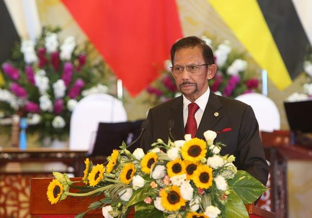 Quốc vương Brunei Hassanal Bolkiah phát biểu tại buổi chiêu đãi. (Ảnh: Dương Giang/TTXVN) Bước tiến quan trọng cả về lượng và chất trong quan hệ Việt Nam-Brunei ảnh 1