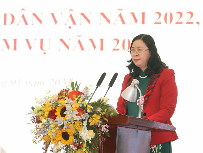 Bà Bùi Thị Minh Hoài, Bí thư Trung ương Đảng, Trưởng Ban Dân vận Trung ương, phát biểu tại hội nghị. (Ảnh: Phương Hoa/TTXVN) 'Công tác dân vận phải bám sát cơ sở, tạo niềm tin trong dân' ảnh 4