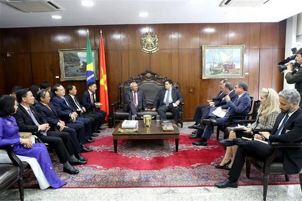 Phó Chủ tịch Quốc hội Uông Chu Lưu chào xã giao Chủ tịch Thượng viện Brazil Davi Alcolumbre. (Ảnh: Hoài Nam/TTXVN) Việt Nam và Brazil tăng cường hợp tác trong lĩnh vực lập pháp ảnh 1