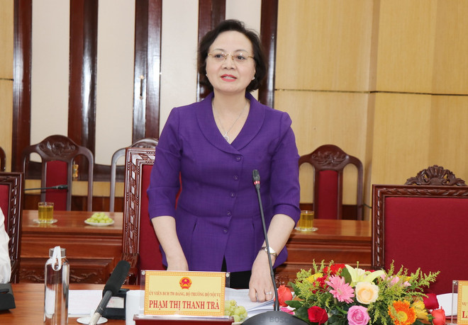 Bà Phạm Thị Thanh Trà, Ủy viên Trung ương Đảng, Bộ trưởng Bộ Nội vụ phát biểu tại buổi làm việc. (Ảnh: Phạm Cường/TTXVN) ttxvn_ba Pham Thi Thanh Tra1.jpg